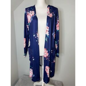 NEW! Women’s Dark Purple Floral Open Front Kimono Robe Size MEDIUM
